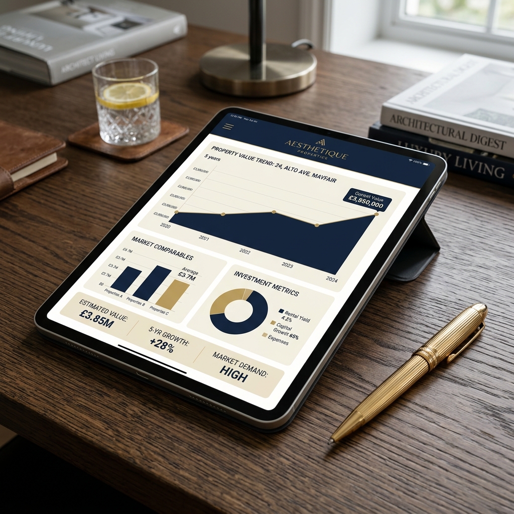 Dashboard de valoración inmobiliaria inteligente en tablet